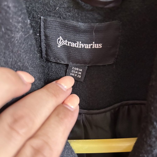Stradivarius black coat, medium size, knee-length, gold buttons