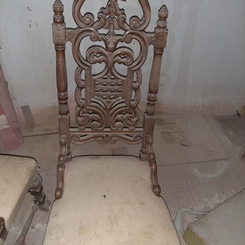 Throne armchairs used, wooden carved back, set of 2
