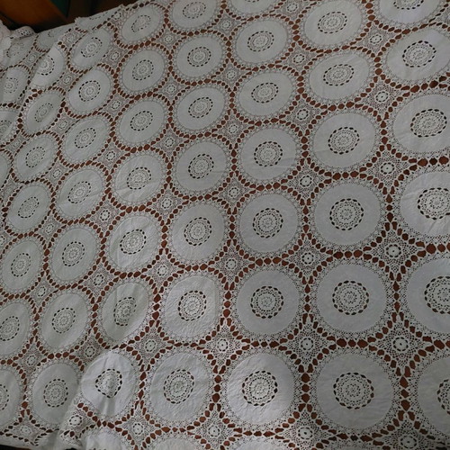 White knitted blanket with embroidery and lace, new, 220x270cm