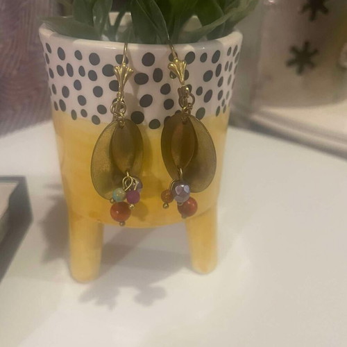 Handmade metal dangle earrings with beads, like new, gold-colored