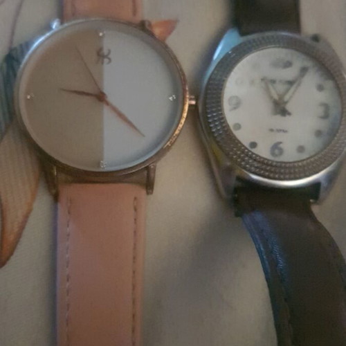 Wristwatches with leather straps, brown and pink, unisex