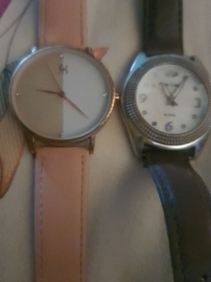 Wristwatches with leather straps, brown and pink, unisex