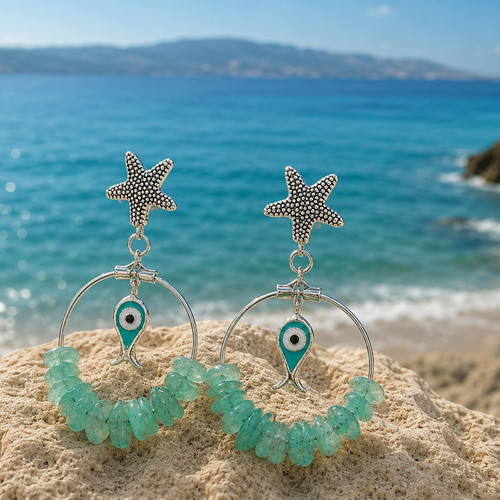 Handmade earrings with aventurine, metal star and enamel fish, silver color, new