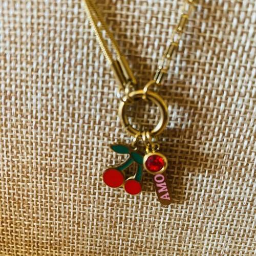Handmade summer necklace with cherries, charm amour and red stone