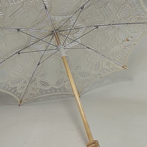 Vintage bridal umbrella used, white Battenberg lace parasol