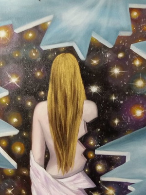 Oil painting on canvas used, modern Space Age theme 50x60 cm