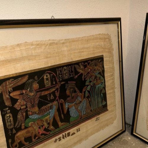 Ancient Egyptian papyri in frame like new, set of 2 pieces