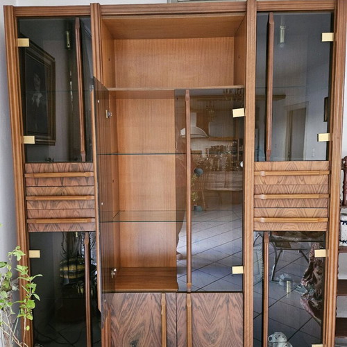 Vintage illuminated walnut display cabinet used, 1960s–70s