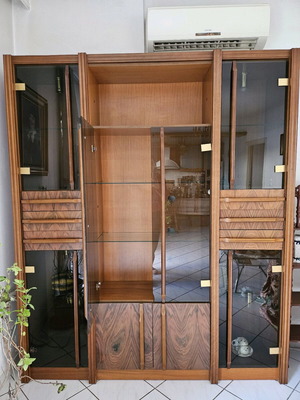 Vintage illuminated walnut display cabinet used, 1960s–70s