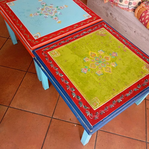 Fabric chairs used, 6 pcs, 2 small tables and 4 handmade painted wooden tables