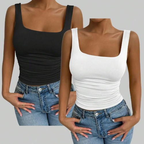 Women's fitted top with square neckline, new, set of 2 black and white