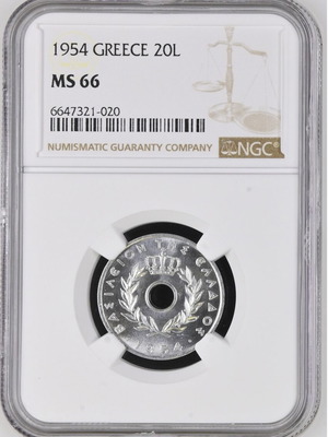 Νόμισμα 20 Λεπτών 1954 Ελλάδας NGC MS66