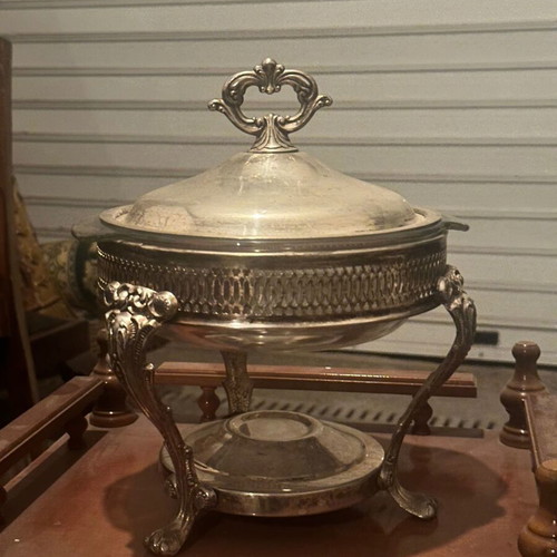 Vintage Silver-Plated Chafing Dish with Glass Container and Lid used