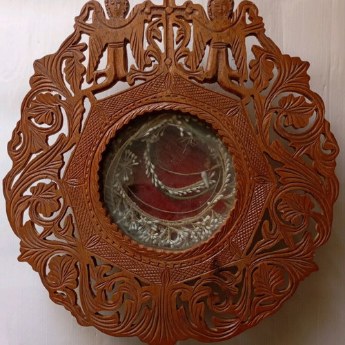 Wooden wedding crown box used with carved angels