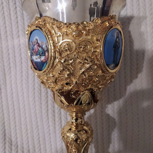 Large gilded chalice like new with enamel and carved decoration