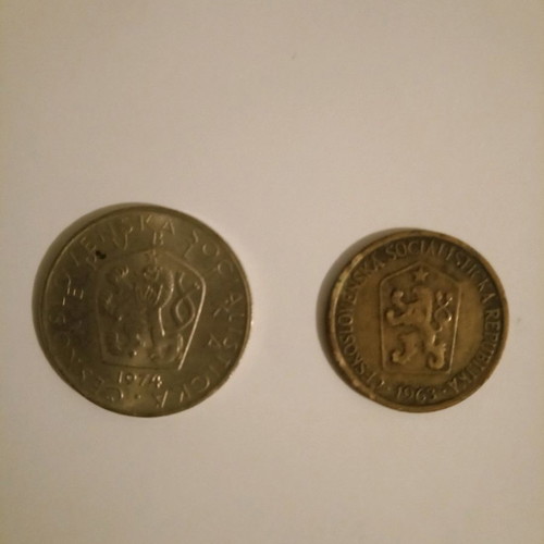 Czechoslovakian coins used, lot of 2, 1963 1 koruna and 1974 5 koruna