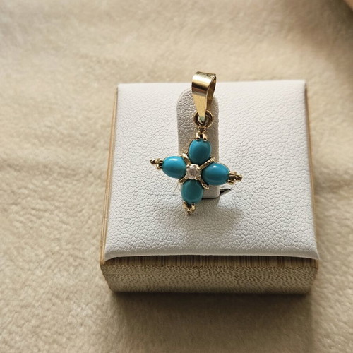 Gold cross 585 14K with turquoise and zircon used