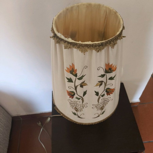 Vintage table lamp with embroidered fabric shade used