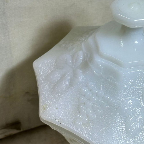 Vintage Milk Glass Candy Dish with Lid embossed grapes 20 cm used
