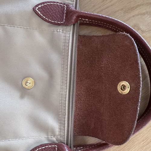 Longchamp Le Pliage handbag used, beige with brown leather details