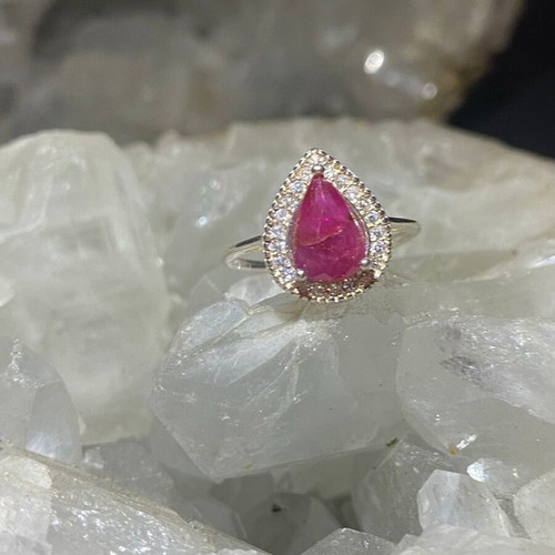Silver ring with natural ruby and moissanites, new