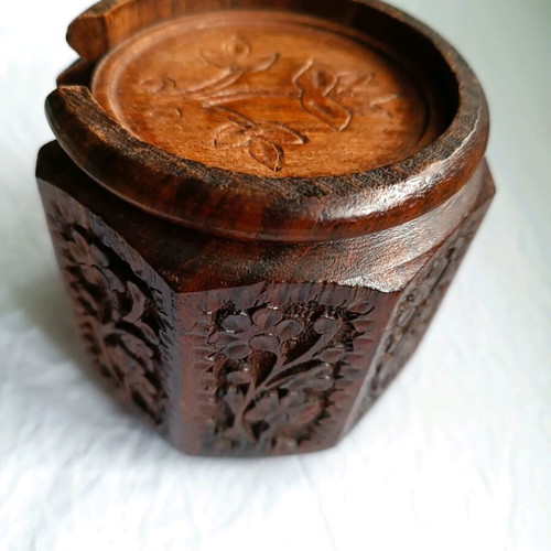 Wooden carved coasters used with holder, handmade from Kythera