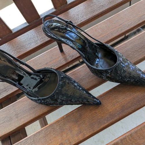 Black slingback evening sandals with sequins, size 36