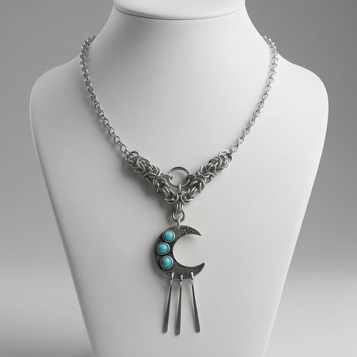 Steel Byzantine Necklace with Crescent and Turquoise Stones new
