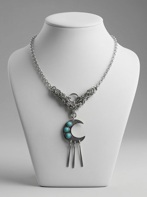 Steel Byzantine Necklace with Crescent and Turquoise Stones new