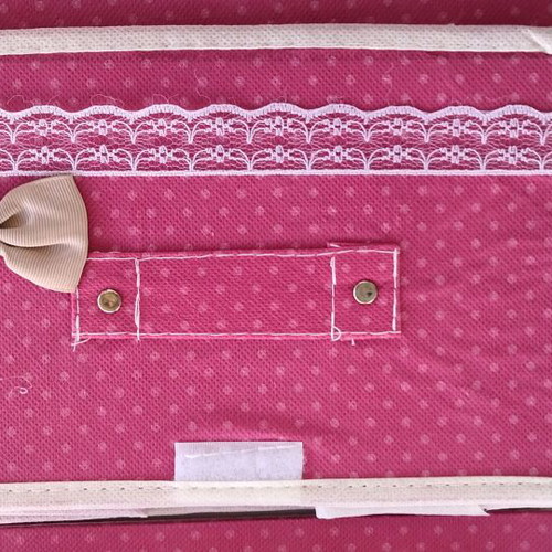 Set of 2 New Fabric Storage Boxes Fuchsia Polka Dot with Bow and Lace 25x15x19