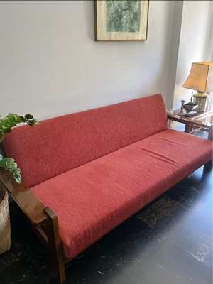Vintage living room set used, solid wood sofa bed, armchair, table & stool