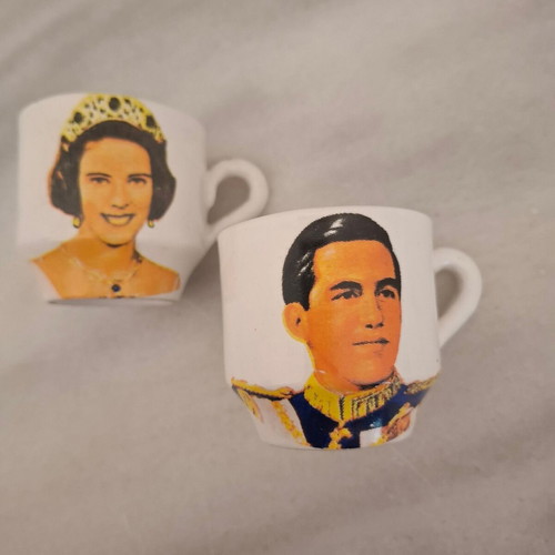 Vintage coffee cups set of 2 used, King Konstantinos & Anna Maria 1964