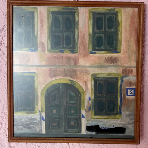 Painting of traditional building facade with arched entrance