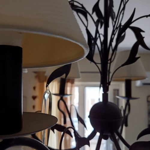 Chandelier with six ivory lampshades, rustic metal and crystal leaves, like new