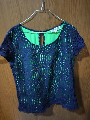 Short sleeve blouse with lace, size XXL, like new, blue and green
