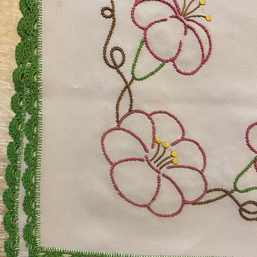 Handmade tablecloth with embroidery and lace used