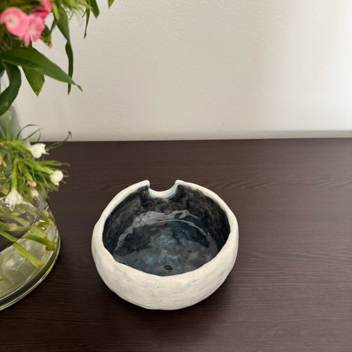 Handmade ceramic noodle bowl in dark blue and cream, new