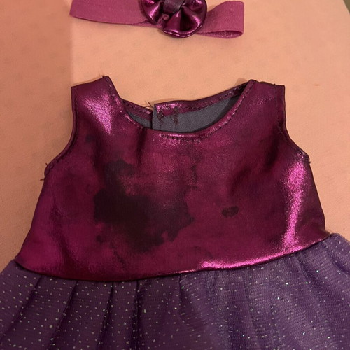 Doll dress with hair ribbon set used, satin and glitter tulle