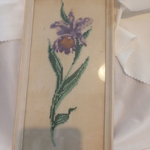 Vintage handmade cross-stitch embroidery iris flower in white frame used