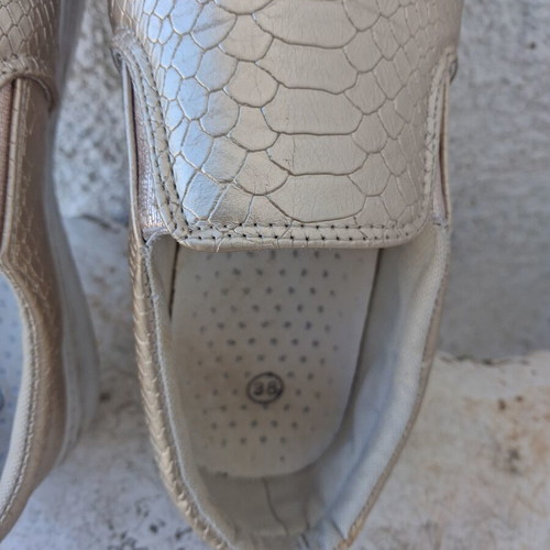 Slip-on shoes used, women's gold snakeskin embossed leather, size 38