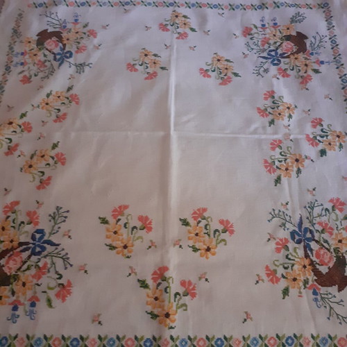 Hand-embroidered cross-stitch tablecloth, 63x58 cm