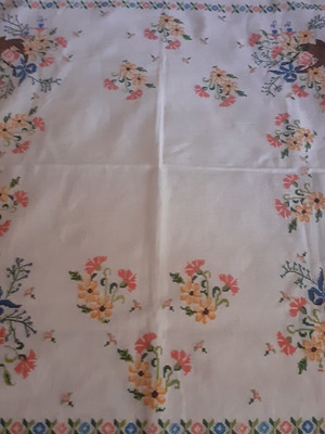 Hand-embroidered cross-stitch tablecloth, 63x58 cm