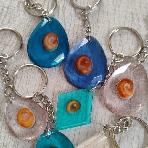 Handmade keychain with natural sea eye shell in resin, colorful, new