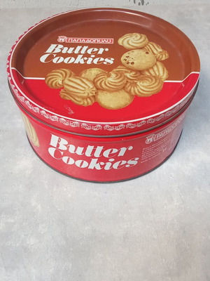 Butter Cookies Papadopoulou collectible tin used, aluminum, 1980s