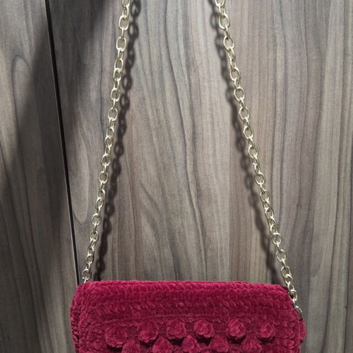 Velvet crossbody bag with gold chain, new, burgundy