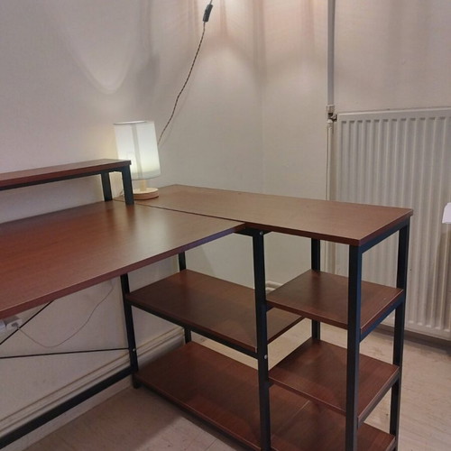 Corner desk with open shelves, walnut color, MDF and black metal frame