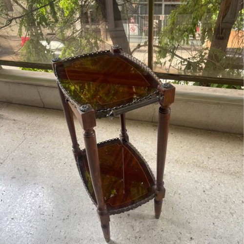 Marquetry coffee table used, solid wood, bronze and glass, 1970