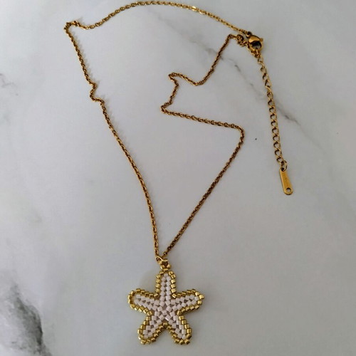 Steel starfish miyuki necklace made to order, beige and gold
