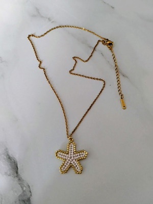 Steel starfish miyuki necklace made to order, beige and gold