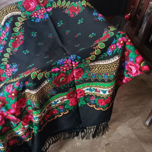 Large cotton square scarf with fringes and vibrant colors